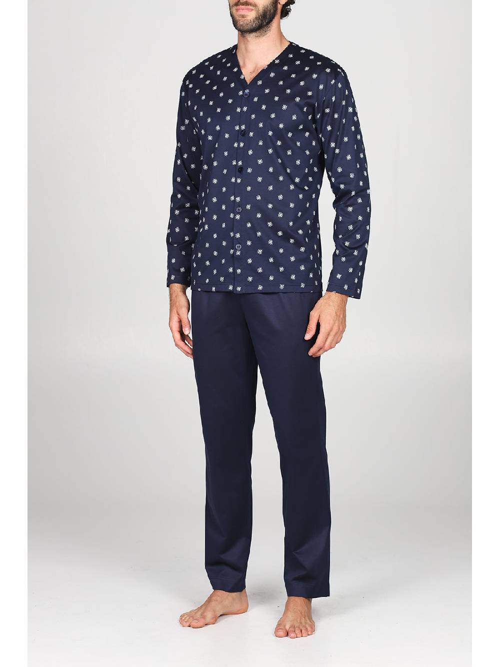 Julipet Pigiama a cardigan in pregiato cotone mercerizzato in fantasia "bussola" Outlet