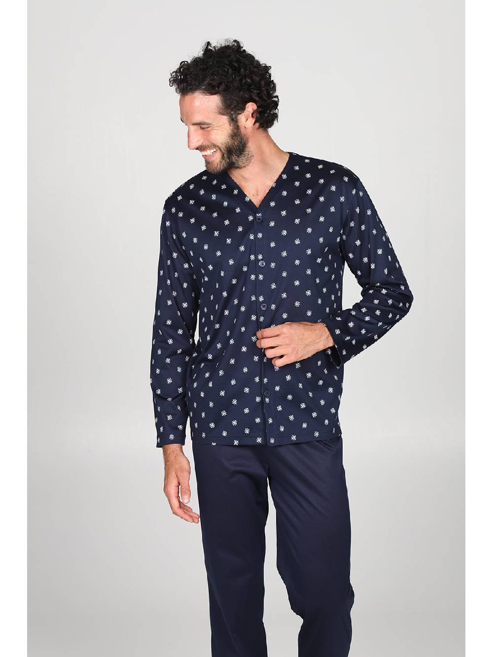 Julipet Pigiama a cardigan in pregiato cotone mercerizzato in fantasia "bussola" Outlet