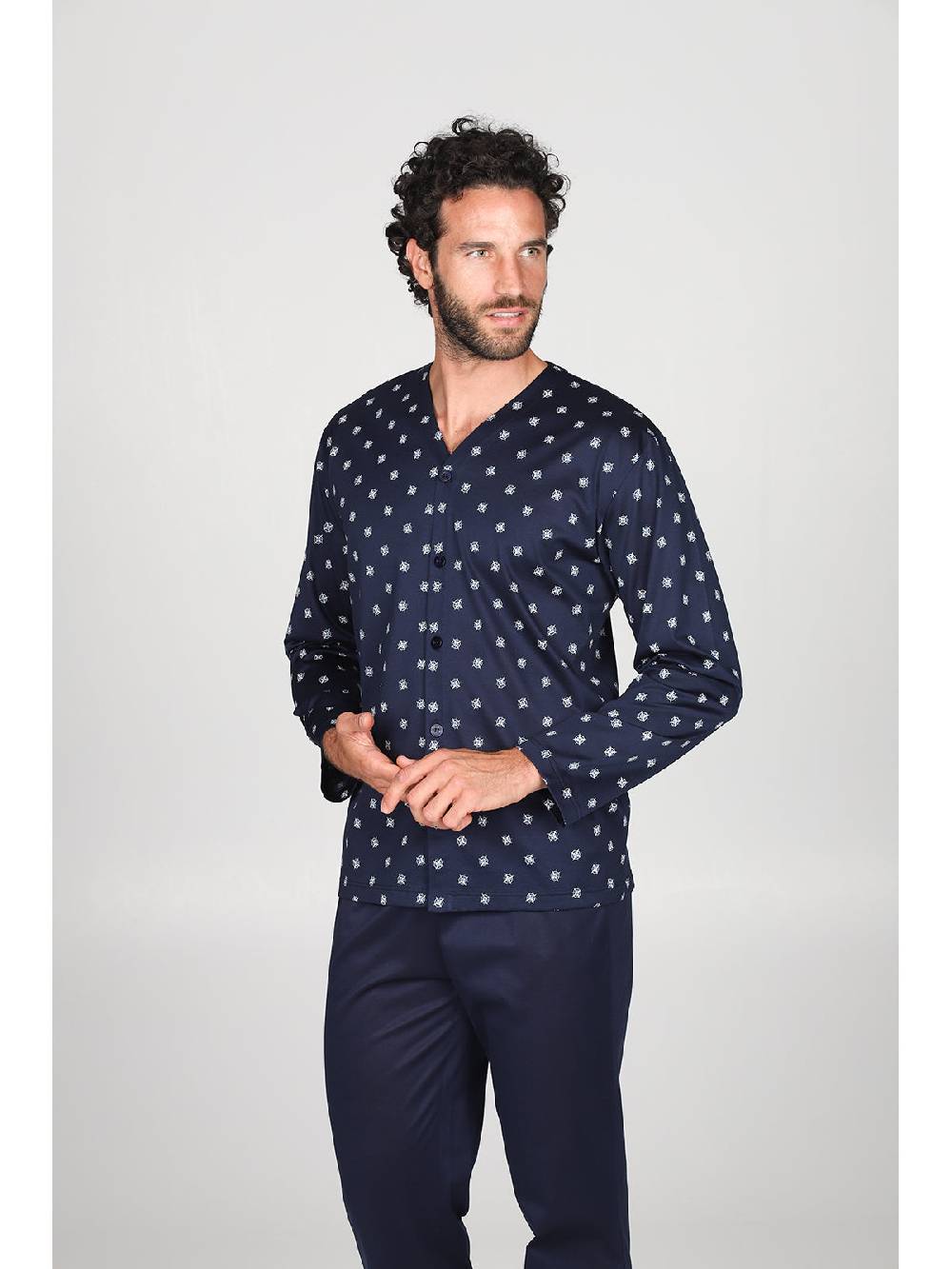 Julipet Pigiama a cardigan in pregiato cotone mercerizzato in fantasia "bussola" Outlet