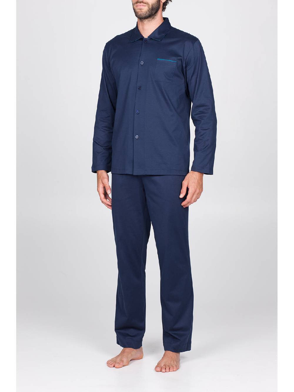 Julipet Pigiama aperto in setoso puro cotone mercerizzato blu, con colletto camicia Affare Del Giorno