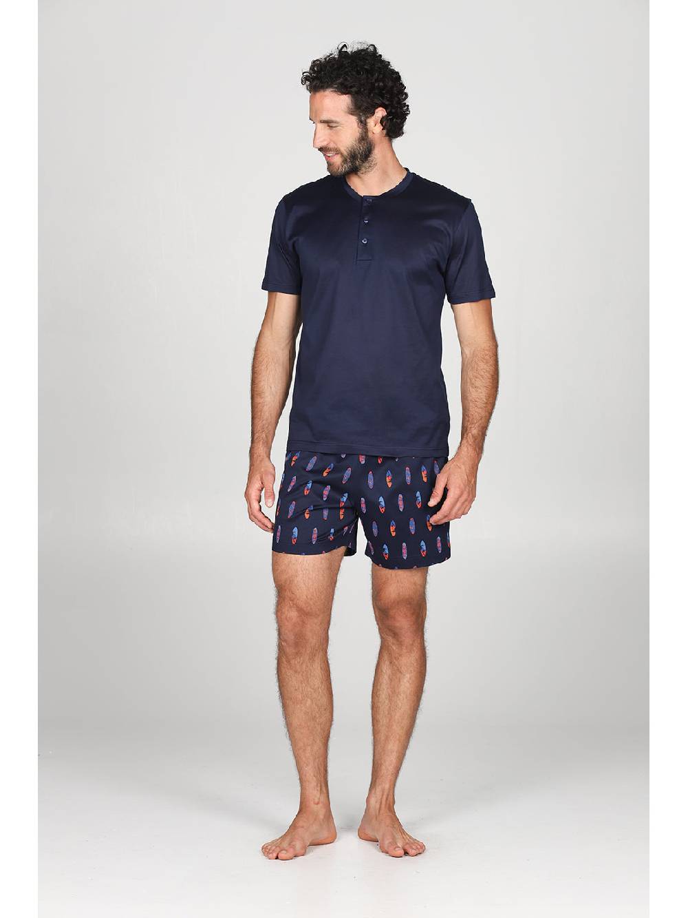 Julipet Pigiama corto serafino in setoso puro cotone mercerizzato fantasia "surf" nei pantaloncini Presa