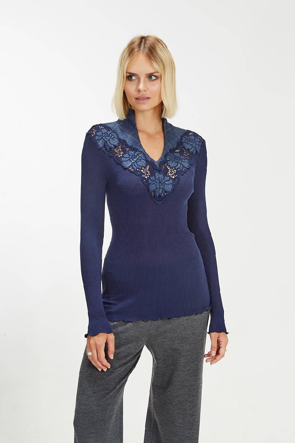 Oscalito Maglia a maniche lunghe in lana e seta con motivo tartan macramè 5808 Moda