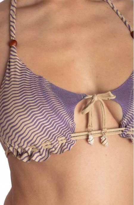 Pin Up Stars BIKINI TRIANGOLO IMBOTTITO DAINETTO CON PERLE E CONCHIGLIE STAMPA TIGER SUN Spedizione Gratuita