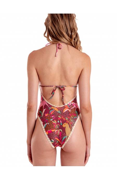 Pin Up Stars COSTUME DA BAGNO INTERO IMBOTTITO CON PASSAMANERIA STAMPA TROPICAL Vendita Economica