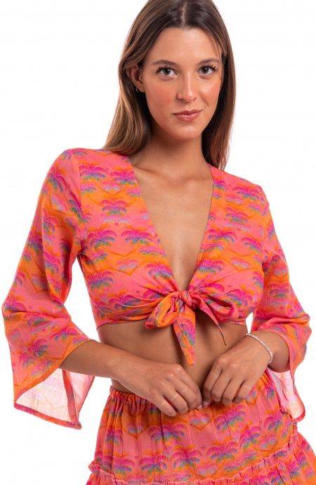 Pin Up Stars Crop Top Cotone Stampa Palmié Spedizione Gratuita