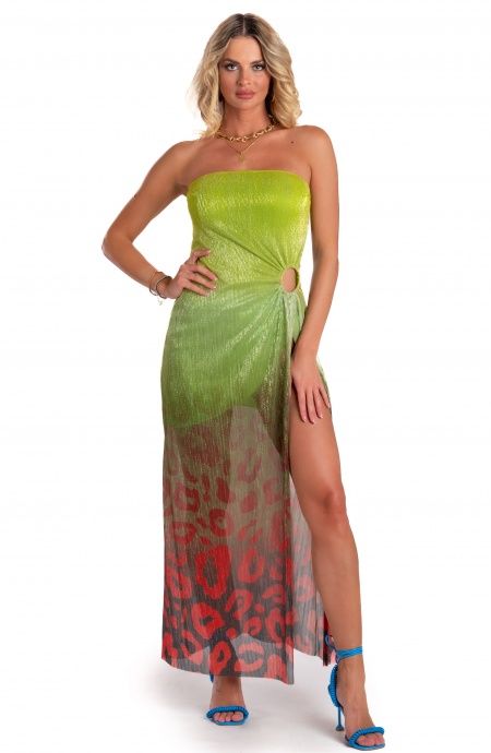 Pin Up Stars Abito Lungo Off-Shoulders Con Anella Crepon Lamè Stampa Macula Degradé Sconto
