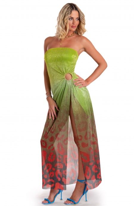 Pin Up Stars Abito Lungo Off-Shoulders Con Anella Crepon Lamè Stampa Macula Degradé Sconto