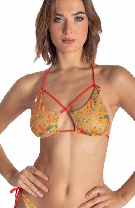 Pin Up Stars TOP BIKINI TRIANGOLO IMBOTTITO CON CONCHIGLIE STAMPA FLOWER BIRD Vendite Flash