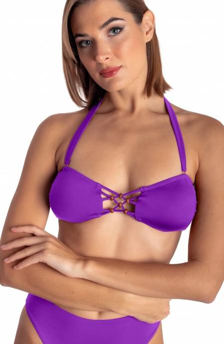 Pin Up Stars TOP BIKINI FASCIA IMBOTTITA CON INTRECCIO E PERLE TINTA UNITA Affare Del Giorno