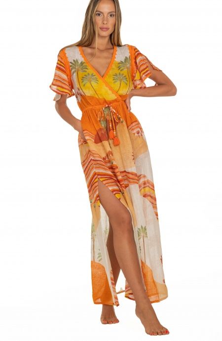 Pin Up Stars Long Dress Scollo a V In Garza Stampa Dune Convenienza