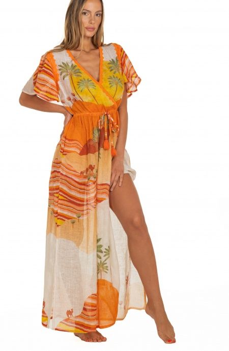 Pin Up Stars Long Dress Scollo a V In Garza Stampa Dune Convenienza