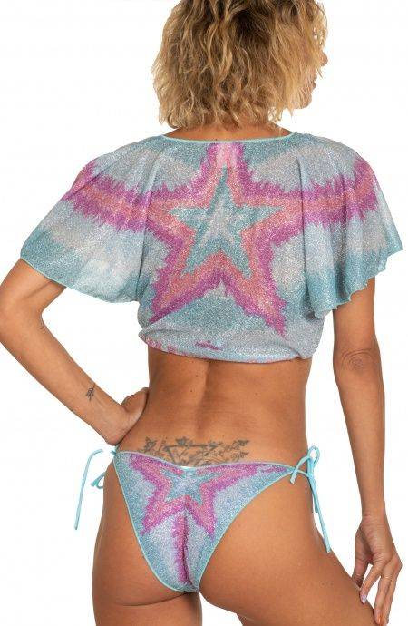 Pin Up Stars Crop Top Aperto Scollo A V Lurex Stampa Stella Sfumata Affare Del Giorno