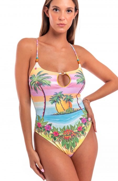 Pin Up Stars Costume Intero Tessuto Costina Stampa Hawaii Spedizione Gratuita