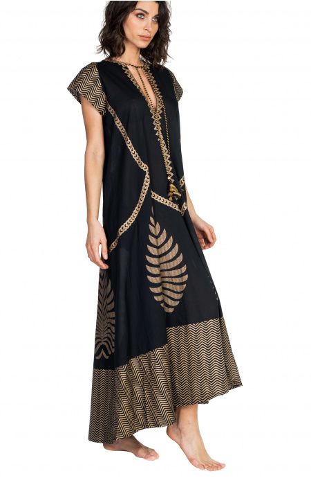 Pin Up Stars Long Dress In Cotone Foglia Oro In Vendita