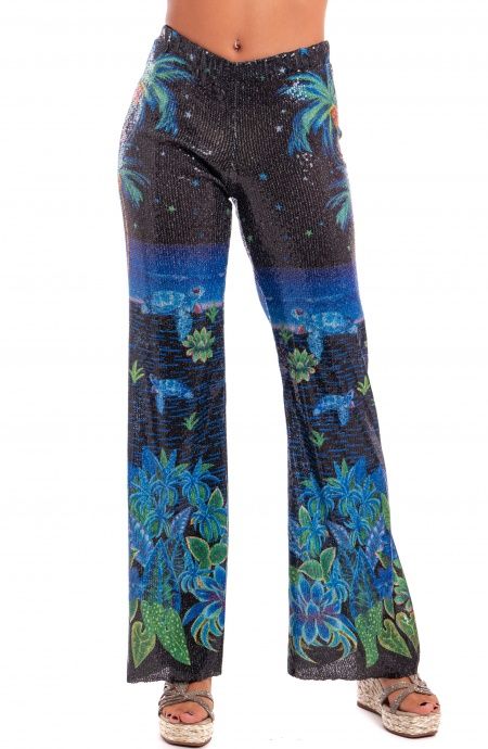 Pin Up Stars Pantalone Zampa Paillettes Stampa Hawaii I Più Venduti
