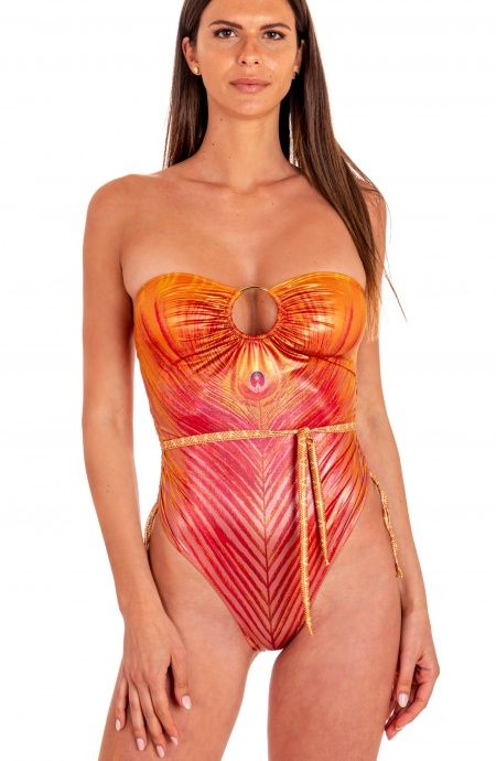 Pin Up Stars Costume Intero Con Anella Stampa Piuma Base Oro Spedizione Gratuita
