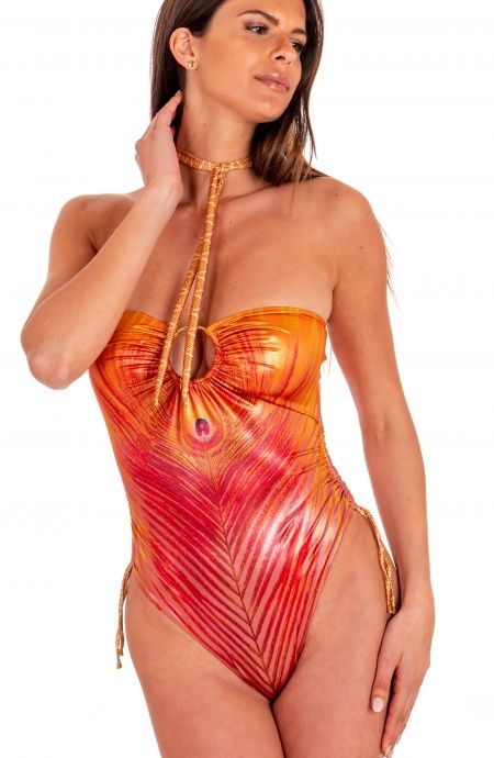 Pin Up Stars Costume Intero Con Anella Stampa Piuma Base Oro Spedizione Gratuita