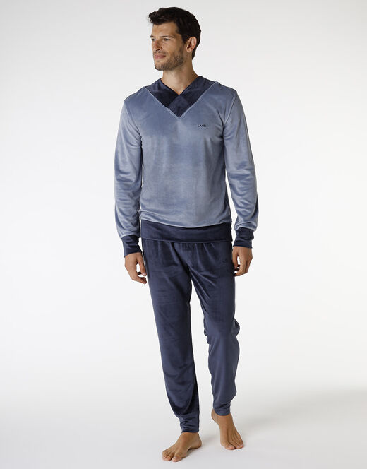 Lovable Pigiama lungo in ciniglia, blu polvere e blu navy Spedizione Gratuita