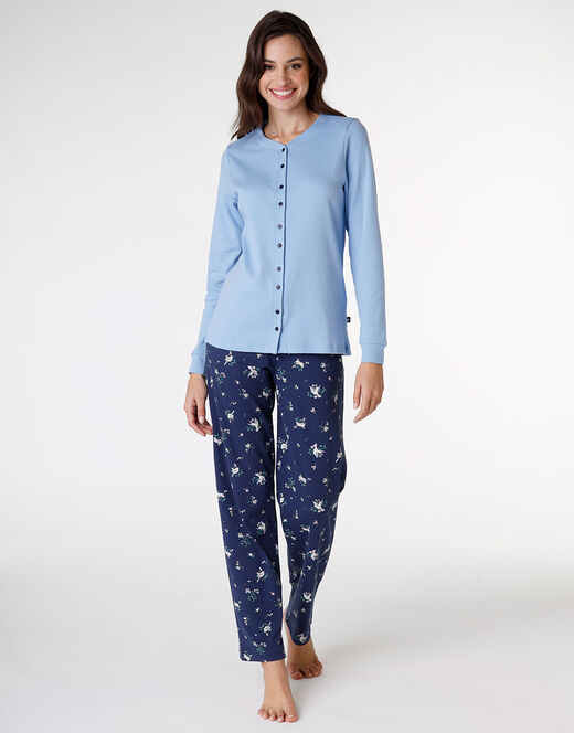 Lovable Pigiama lungo aperto in interlock di cotone, azzurro con stampa Promozione Limitata