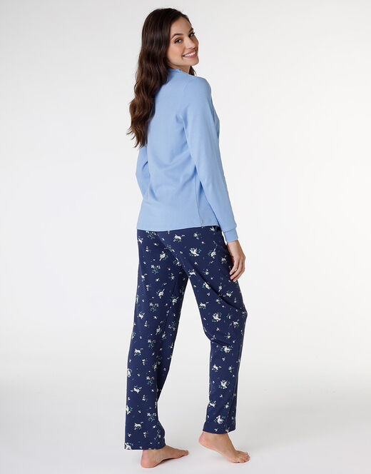 Lovable Pigiama lungo aperto in interlock di cotone, azzurro con stampa Promozione Limitata