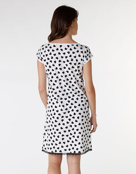 Lovable Camicia da notte in jersey di cotone, stampa cuori neri su sfondo bianco Promozione Limitata